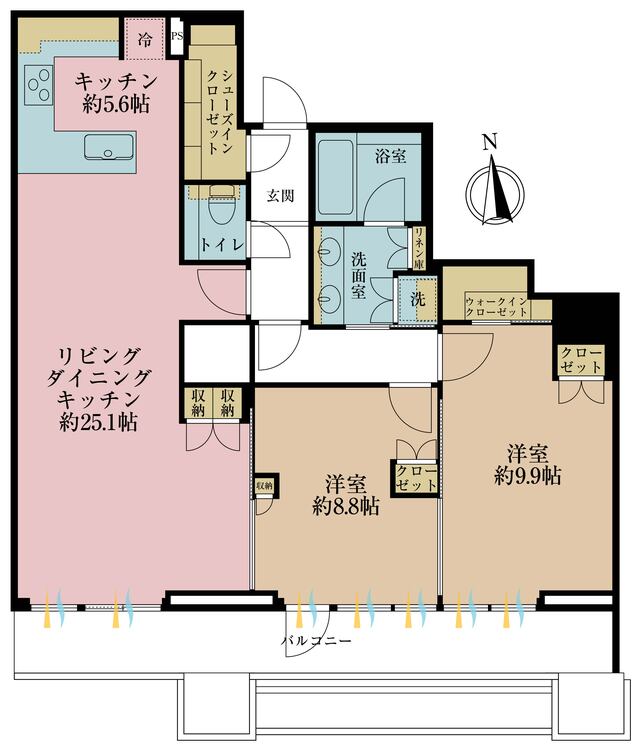 間取り 2LDK、専有面積101m2、バルコニー面積16.27m2