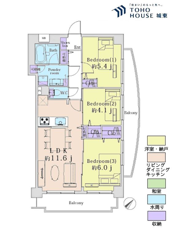 間取り ３ＬＤＫ、専有面積６０．８６平米、バルコニー面積１３．７１平米