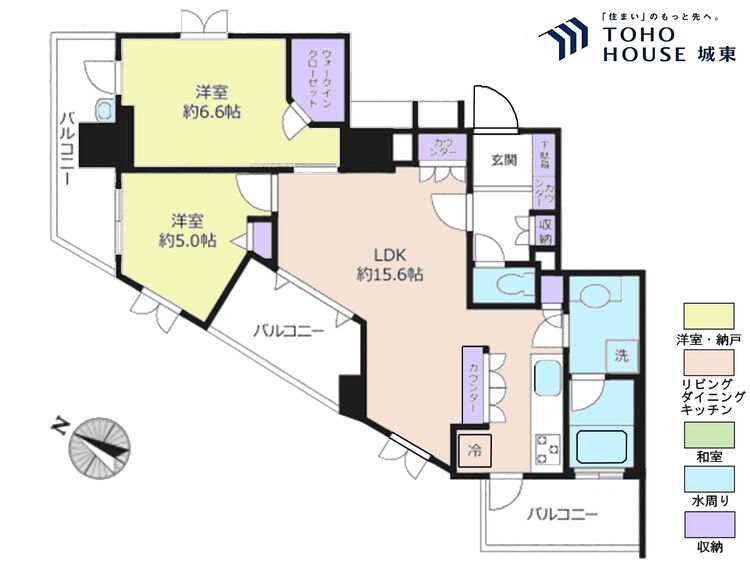 間取り ２ＬＤＫ、専有面積６３．１２平米、バルコニー面積１６．３４平米