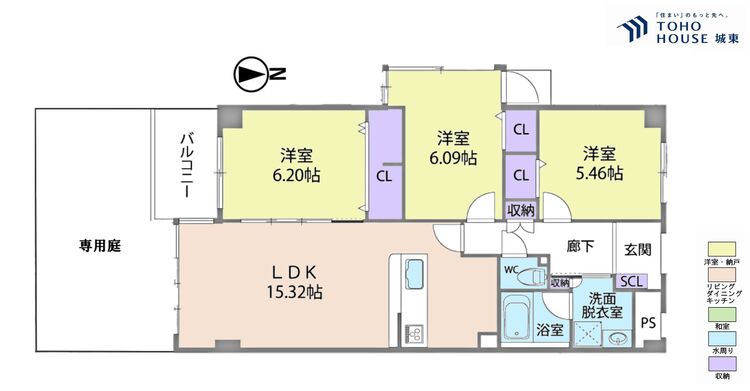 間取り ３ＬＤＫ、専有面積７４．４７平米、バルコニー面積５．９６平米、専用庭面積２７．８平米