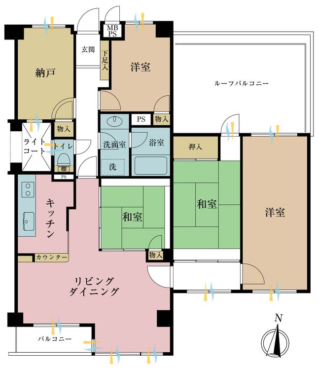 間取り ４ＳＬＤＫ、専有面積１０４．４平米、バルコニー面積３．６平米、ルーフバルコニー面積１８．２平米
