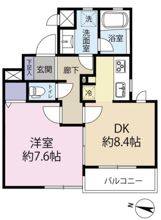 間取り 1DK、専有面積41.21m2、バルコニー面積4.44m2