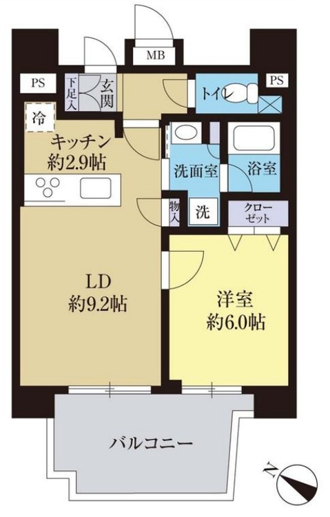 間取り 1LDK、専有面積43.64m2、バルコニー面積9.3m2