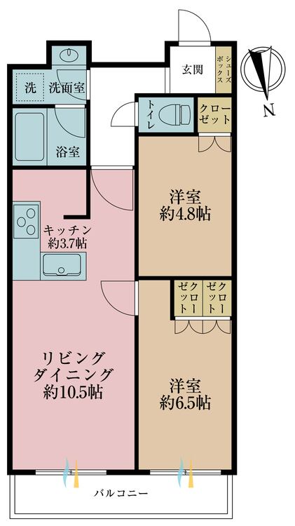間取り 2LDK、専有面積60?、バルコニー面積10? 