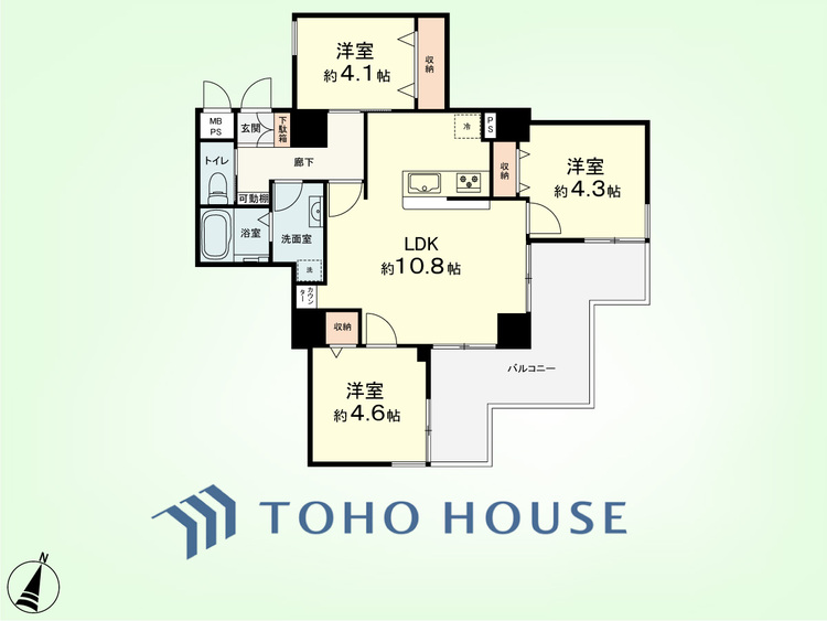 間取り 3LDK　専有面積67.13平米、バルコニー面積13.95平米