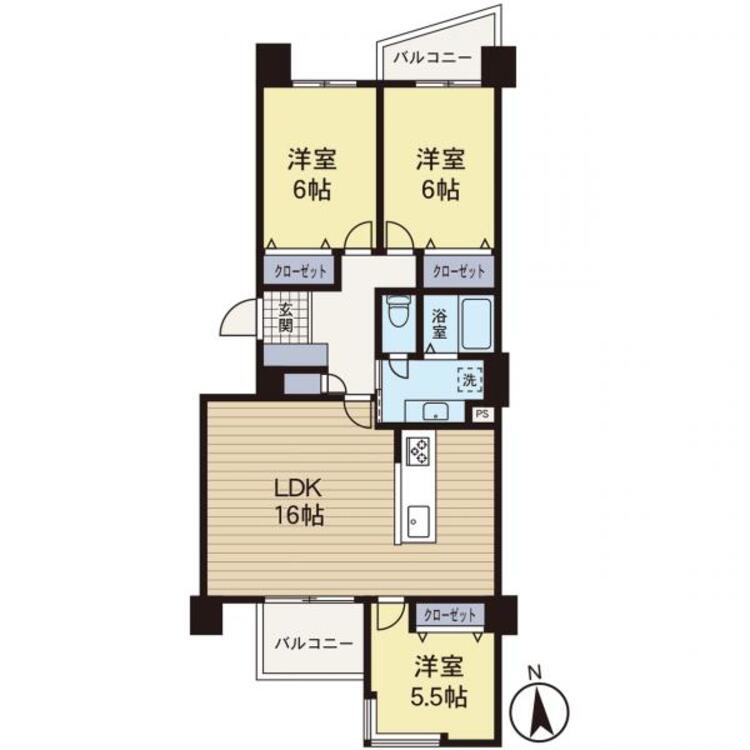 間取り 【間取り図】LDK広々16帖です！２面バルコニーで陽当り良好です！