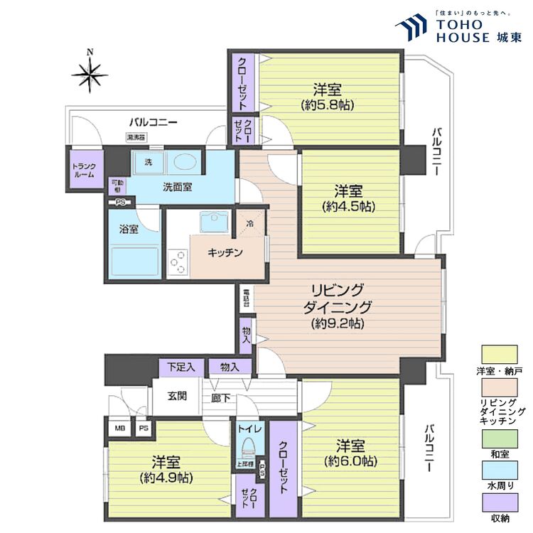 間取り ４ＬＤＫ、専有面積８１．９７平米、バルコニー面積１５．６１平米