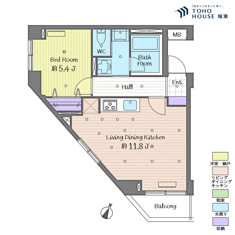 間取り １ＬＤＫ、専有面積４３．２６平米、バルコニー面積２．８２平米