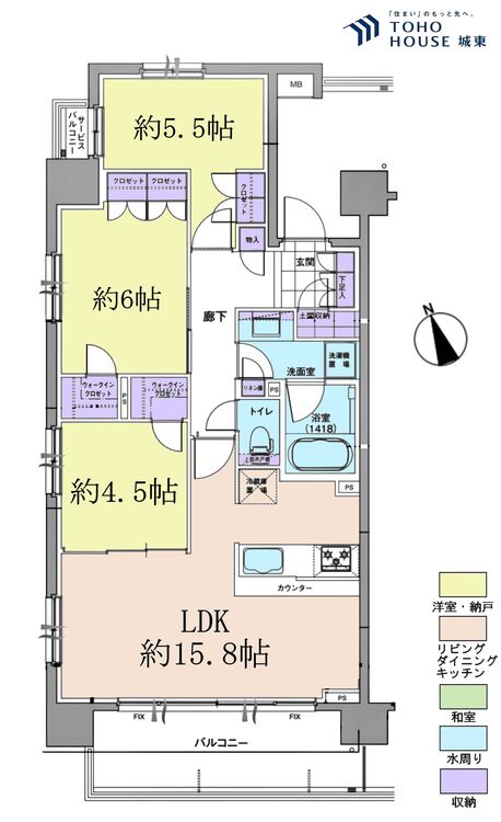 間取り ３ＬＤＫ、専有面積７２．５４平米、バルコニー面積１０．０１平米