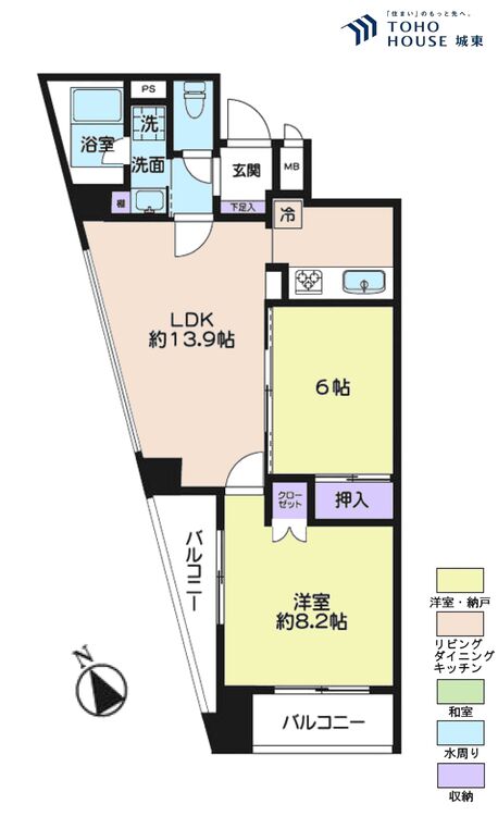 間取り ２ＬＤＫ、専有面積６０．７６平米、バルコニー面積７．４平米