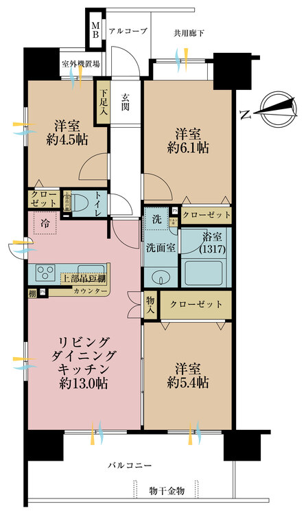間取り ３ＬＤＫ、専有面積６３．４４平米、バルコニー面積１２．２平米
