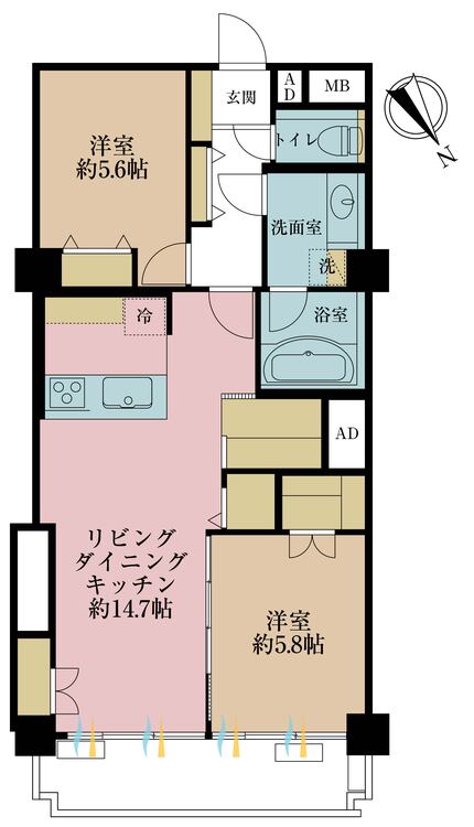 間取り 2LDK、専有面積66.69?、バルコニー面積7.49? 