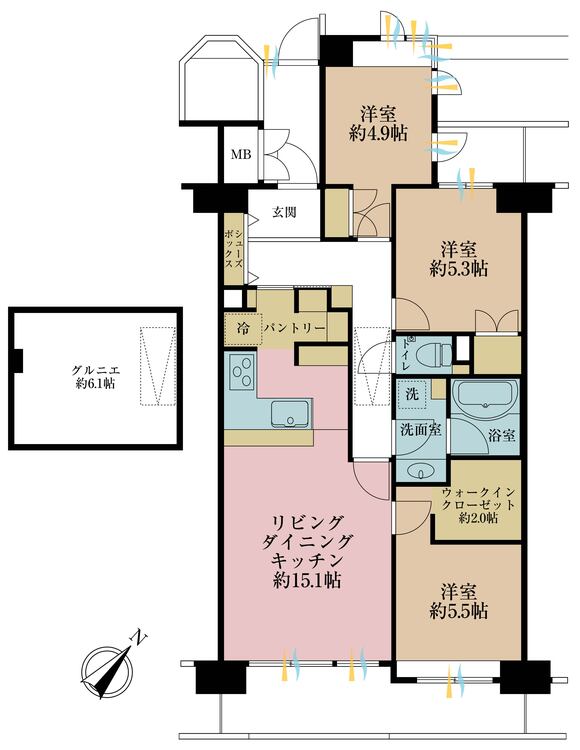 間取り 3LDK、専有面積71.86?、バルコニー面積11.88? 