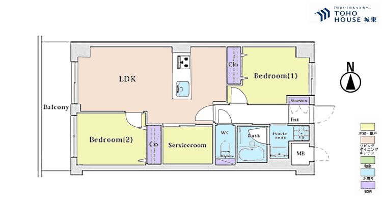 間取り ２ＳＬＤＫ、専有面積５３．０７平米、バルコニー面積５．５平米