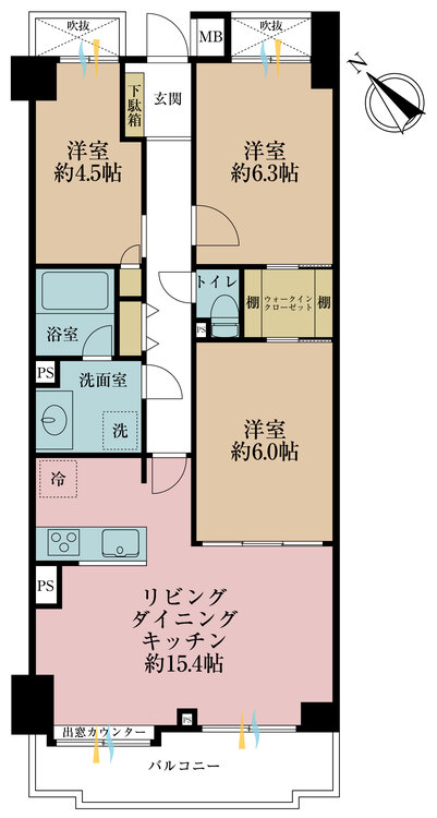 間取り ３ＬＤＫ、専有面積７１．２５平米、バルコニー面積７平米