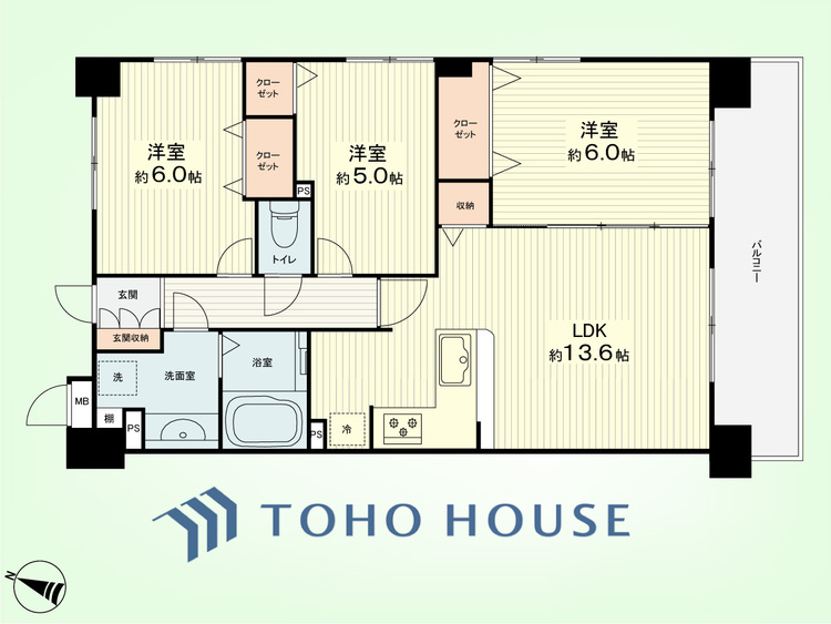 間取り 3LDK　専有面積66.72平米、バルコニー面積9.26平米
