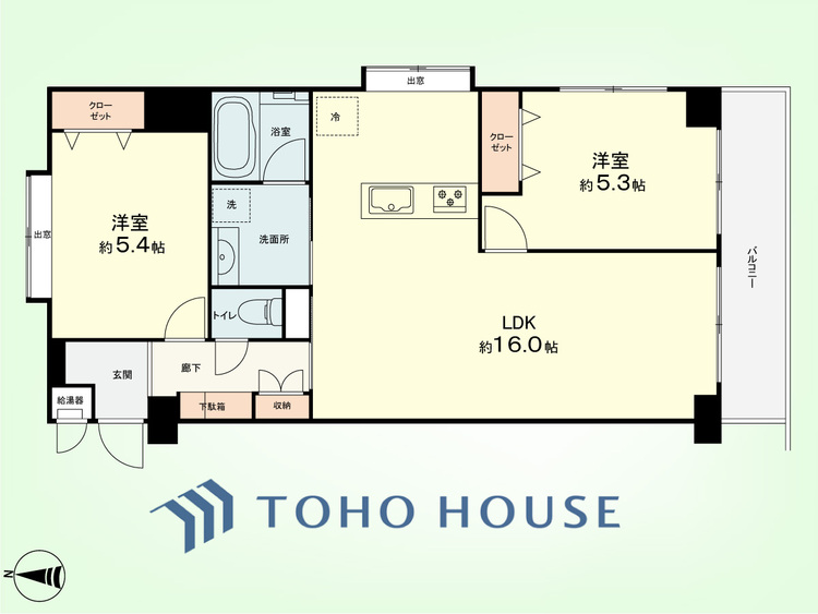 間取り 2LDK　専有面積63.84平米、バルコニー面積6.72平米