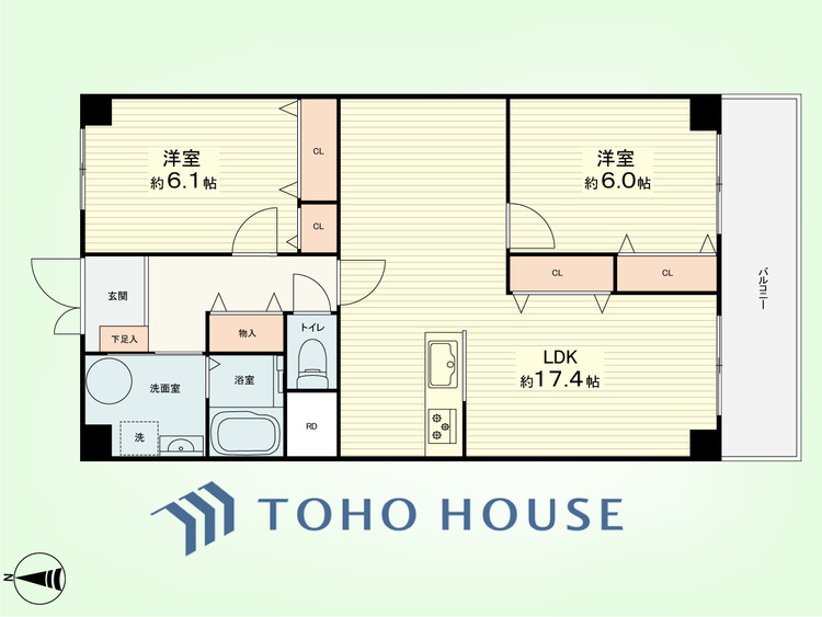 間取り 2LDK　専有面積69.3平米、バルコニー面積8.56平米