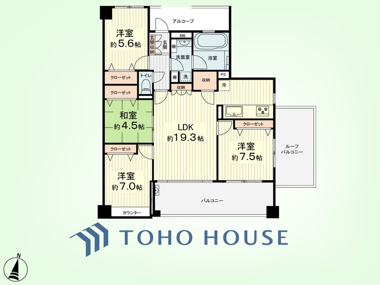間取り 4LDK　専有面積95.01平米、バルコニー面積14.40平米、ルーフバルコニー面積平米