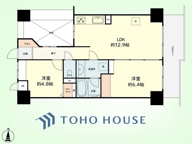間取り 2LDK　専有面積54.15平米、バルコニー面積16平米