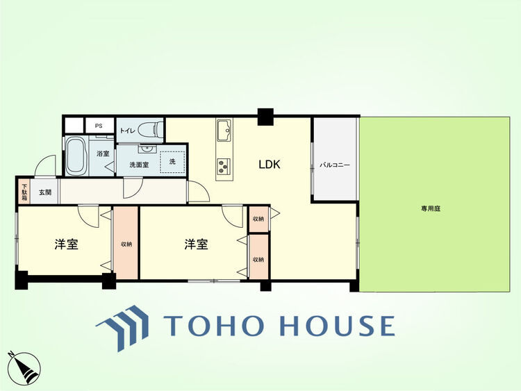 間取り 2LDK　専有面積56.34平米、バルコニー面積3.1平米、専用庭37平米