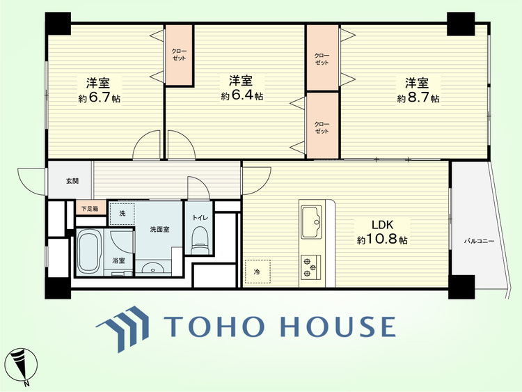 間取り 3LDK　専有面積76.84平米、バルコニー面積4.44平米