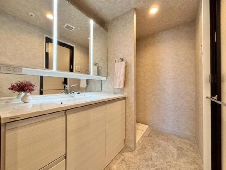 洗面 三面鏡の付いた洗面化粧台は、鏡面裏側にも機能的な収納を配置。普段使いの洗面小物やスキンケア用品などが衛生的に保管できます。