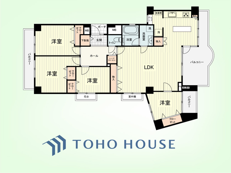 間取り 4LDK　専有面積110.20平米、バルコニー面積22.72平米