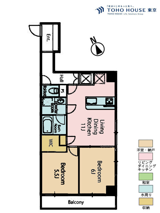 間取り 2LDK、専有面積54.46m2、バルコニー面積6.05m2