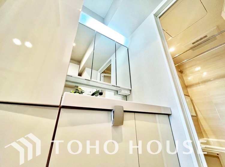 洗面 気持ちの良い朝をつくりだし、夕方には笑顔を取り戻させてくれるミラー。パウダールームはいつでも本来の自分を取り戻せる空間。明るく仕上げてあります。