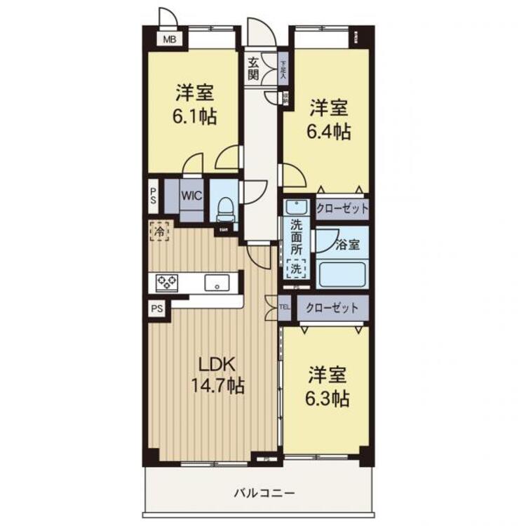 間取り 【間取り図】陽当たりが良い3LDKの間取りです。
