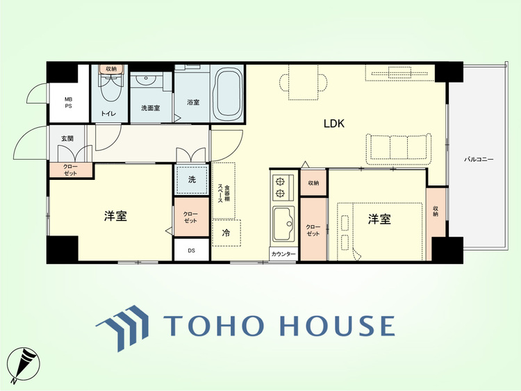間取り 2LDK　専有面積45.12平米、バルコニー面積5.59平米