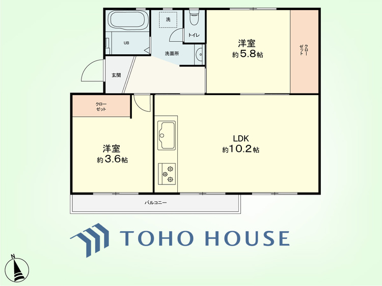 間取り 2LDK　専有面積48.99平米、バルコニー面積5.94平米