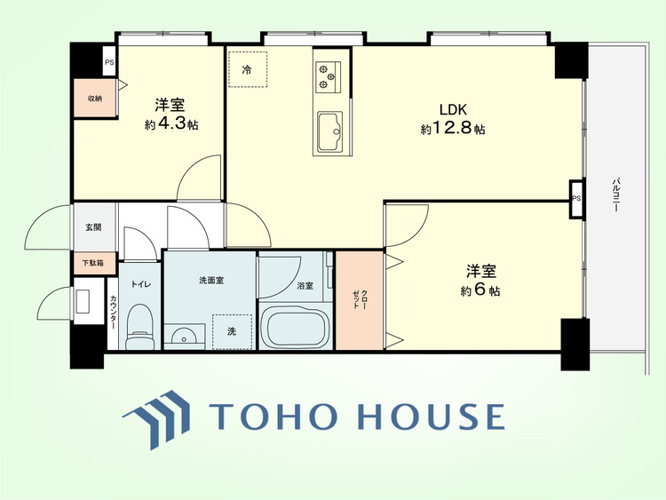 間取り 2LDK　専有面積51.15平米、バルコニー面積5.05平米