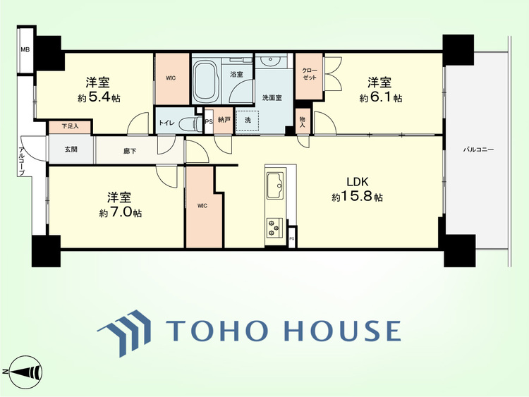 間取り 3LDK+納戸　専有面積77.16平米、バルコニー面積12.40平米