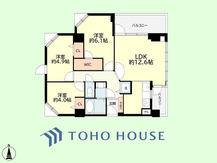 間取り 3LDK　専有面積64.28平米、バルコニー面積9.40平米