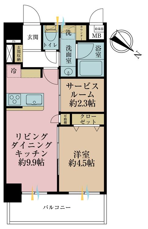 間取り 1LDK、専有面積42m2、バルコニー面積6.74m2
