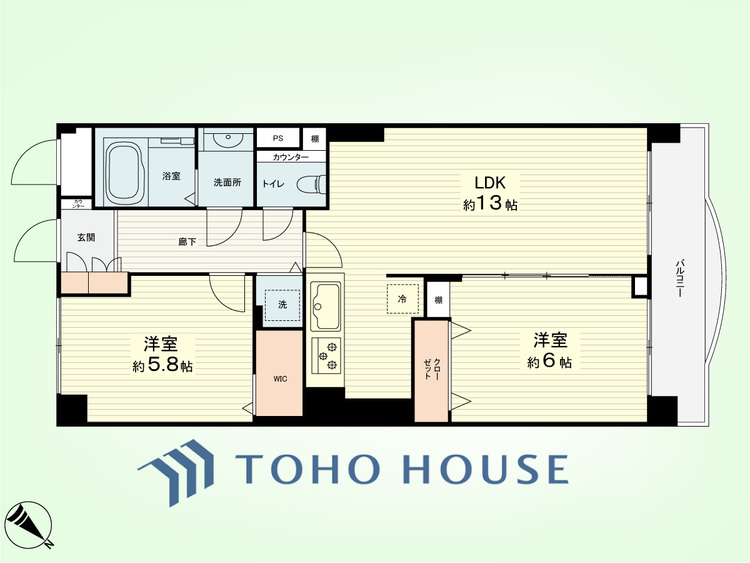 間取り 2LDK　専有面積58.32平米、バルコニー面積6.48平米