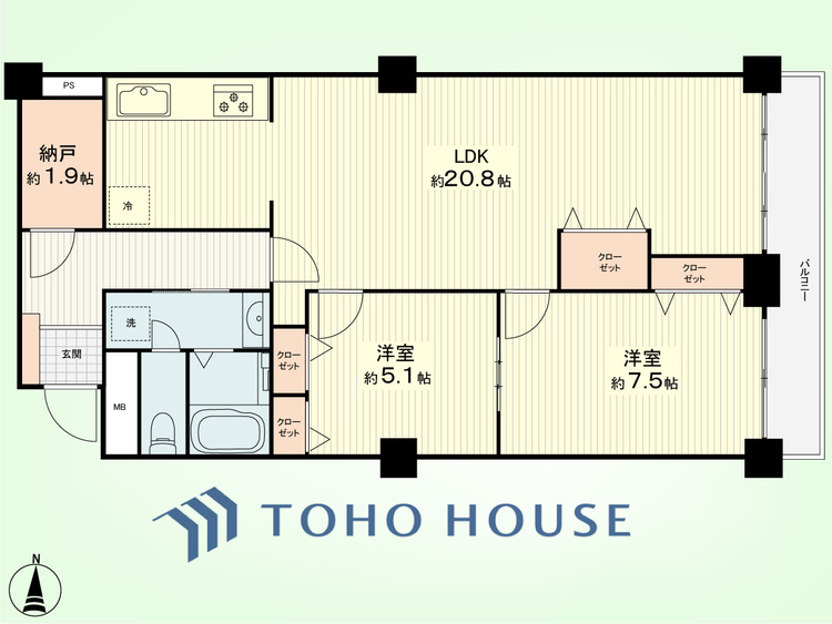 間取り 2LDK+納戸　専有面積78.76平米、バルコニー面積5.87平米