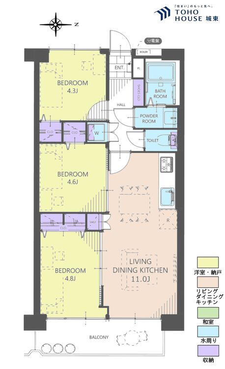 間取り ３ＬＤＫ、専有面積５５．００平米、バルコニー面積７．７０平米