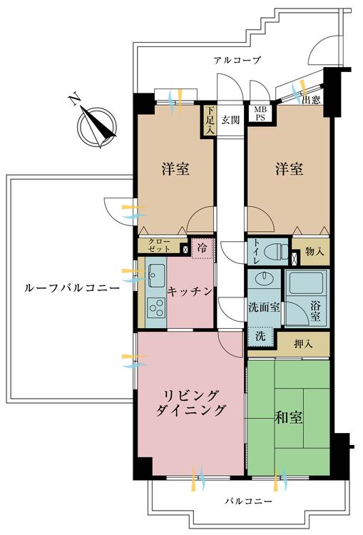 間取り ３ＬＤＫ、専有面積６５．９６平米、ルーフバルコニー面積２４．９３平米