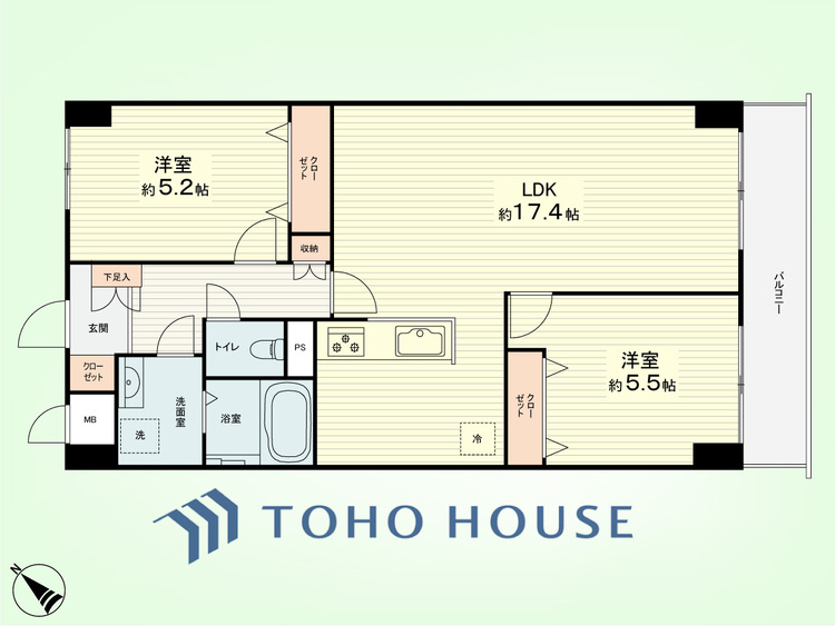 間取り 2LDK　専有面積62.35平米、バルコニー面積5.80平米