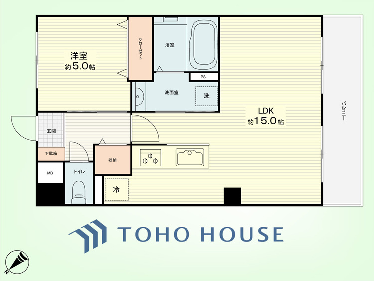 間取り 1LDK　専有面積45.76平米、バルコニー面積6.48平米