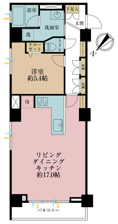 間取り 1LDK、専有面積51.75m2、バルコニー面積4.03m2