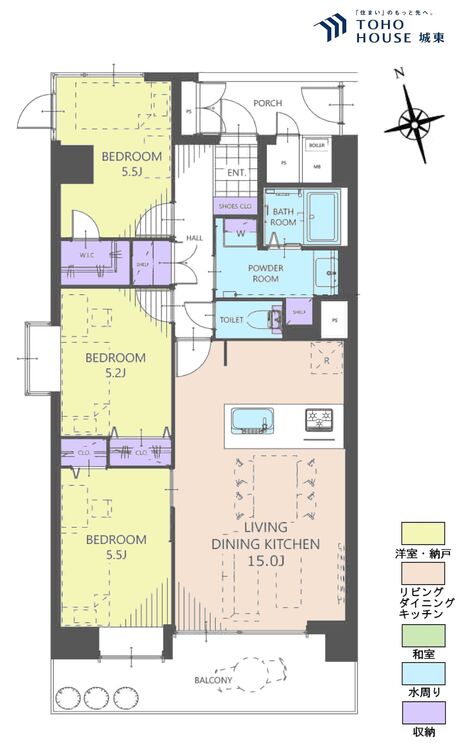 間取り ３ＬＤＫ、専有面積７４．１３平米、バルコニー面積９．７５平米