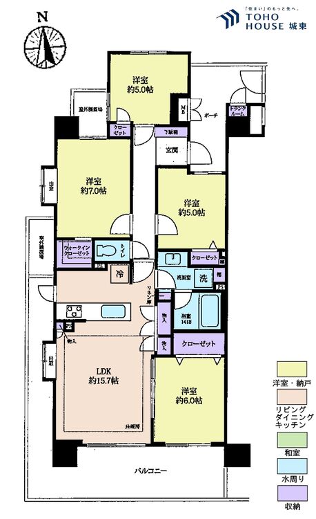 間取り ４ＬＤＫ、専有面積８５．２２平米、バルコニー面積２１．６０平米