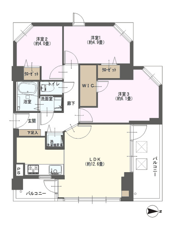その他 3LDK、専有面積64.28m2、バルコニー面積9.4m2