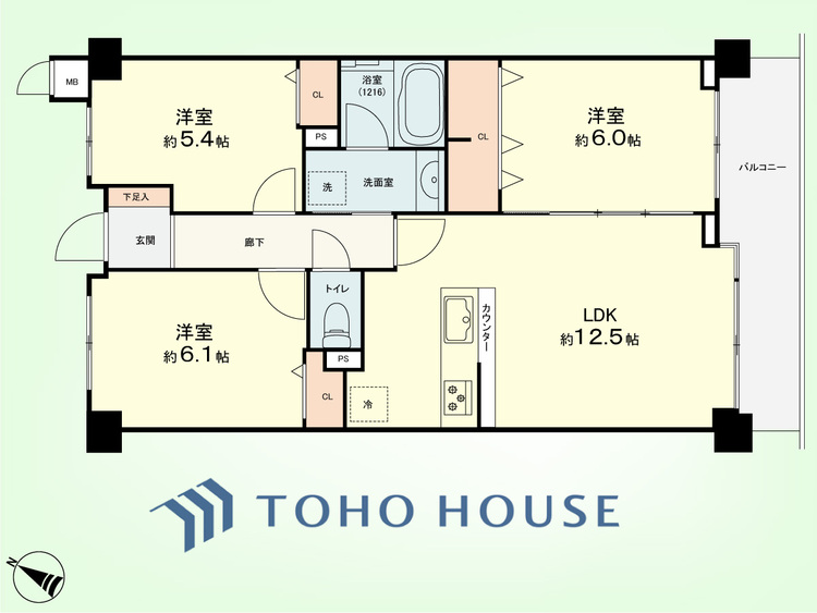 間取り 3LDK　専有面積64.7平米、バルコニー面積8.68平米