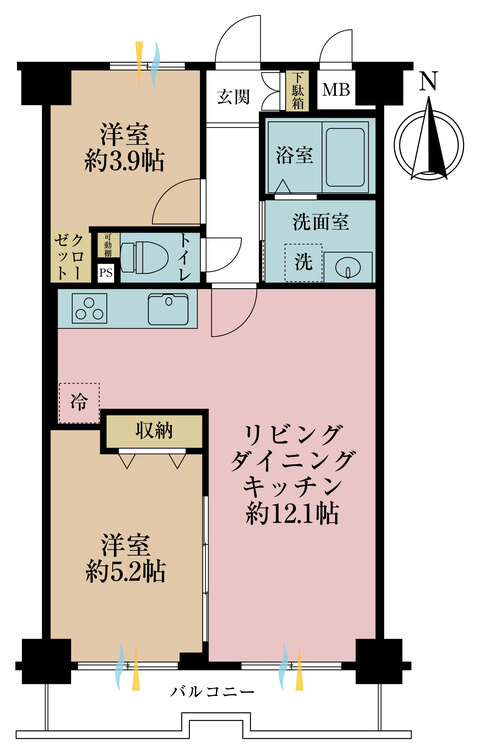 間取り 2LDK、専有面積50.88m2、バルコニー面積5.36m2