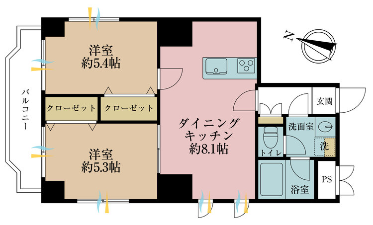 間取り 2DK、専有面積47.93m2、バルコニー面積5.08m2